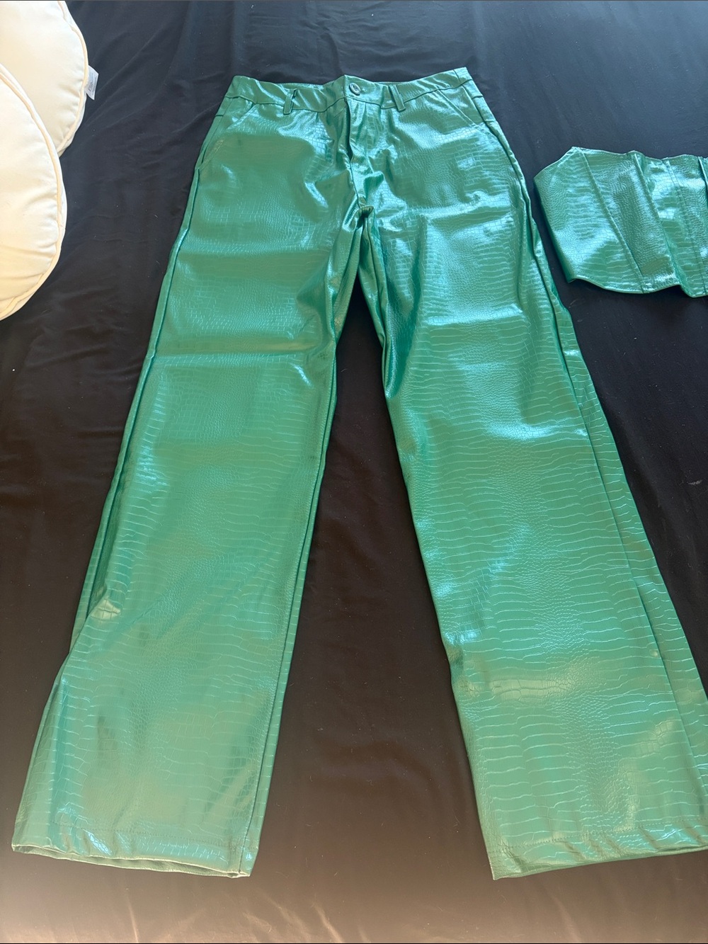 Shiny Emerald Green Croc-Embossed Wide Leg Pant set.